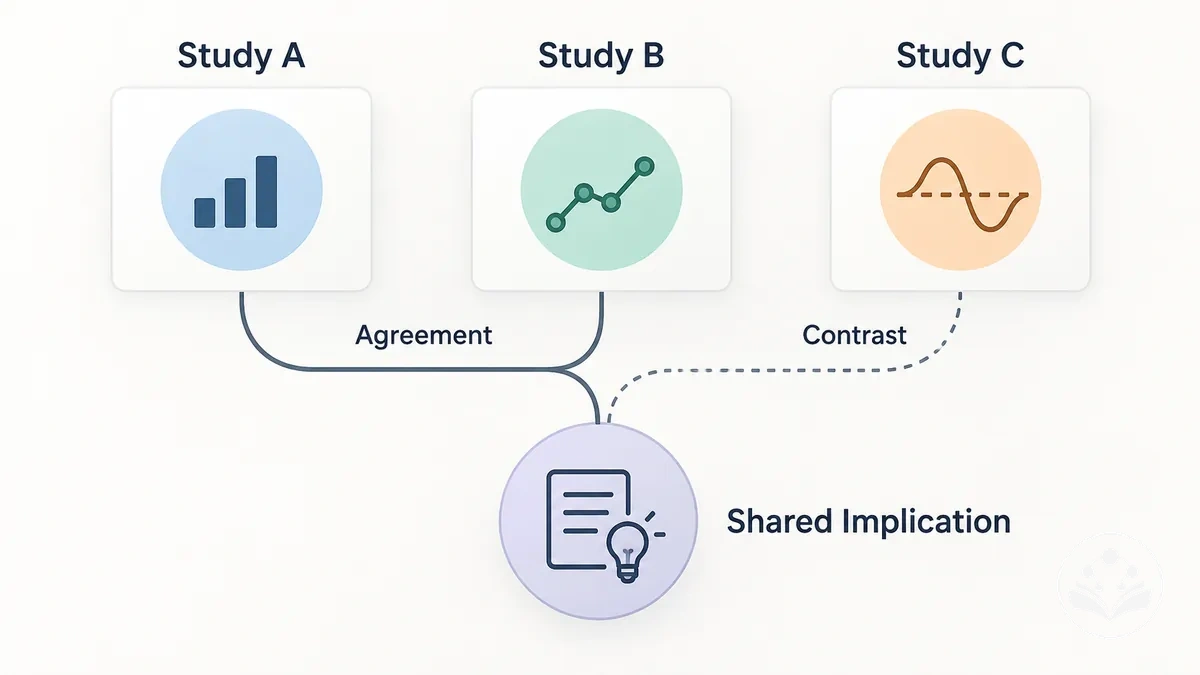 Diagramm, das Studienergebnisse in einem Übersichtsartikel durch Übereinstimmung, Kontrast und eine gemeinsame Implikation verbindet