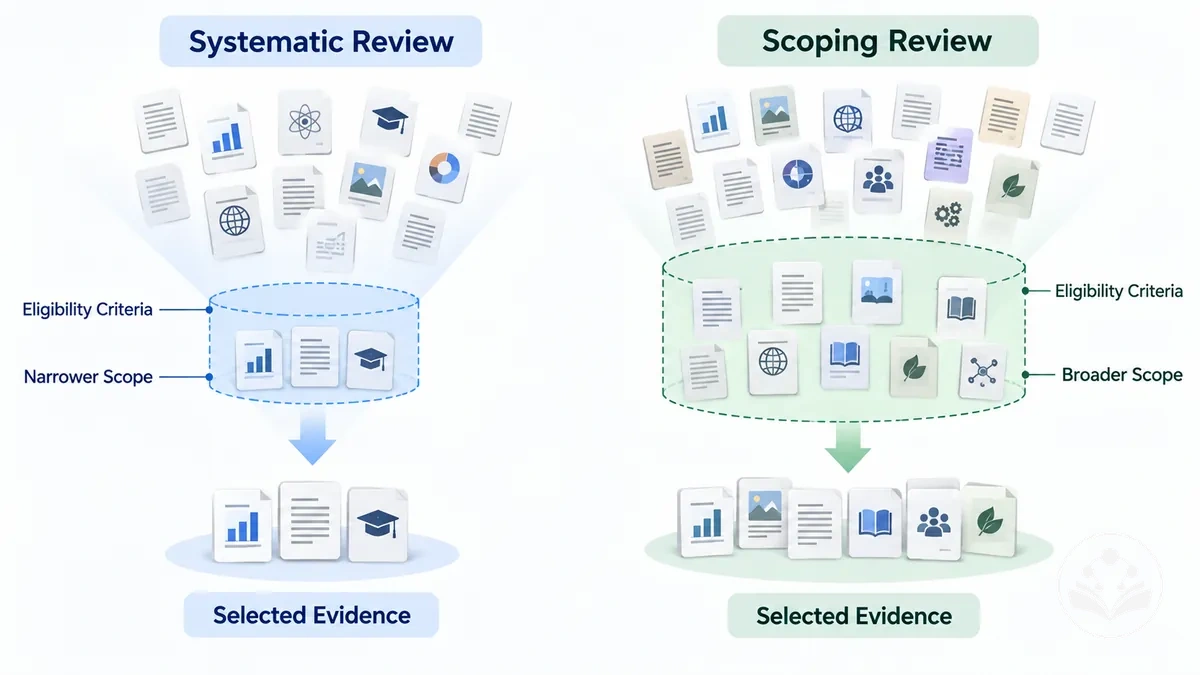 Einschlussgrenzen von Systematischem Review und Scoping-Review, die die ausgewählte Evidenz prägen