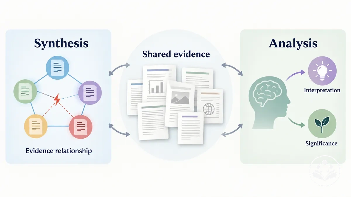 Synthesis connects evidence across sources while analysis interprets why those connections matter.