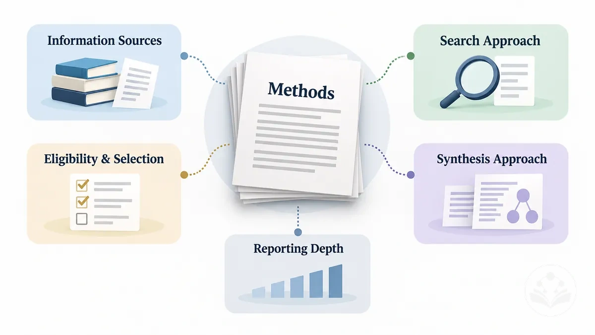 Review article methods section showing information sources, selection logic, and synthesis approach as reporting components