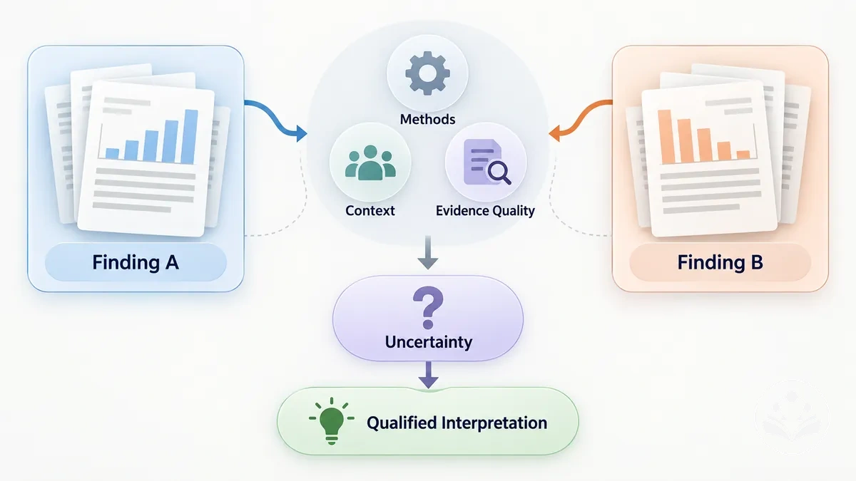 Diagram showing conflicting review evidence assessed through methods, context, and uncertainty before forming a qualified interpretation