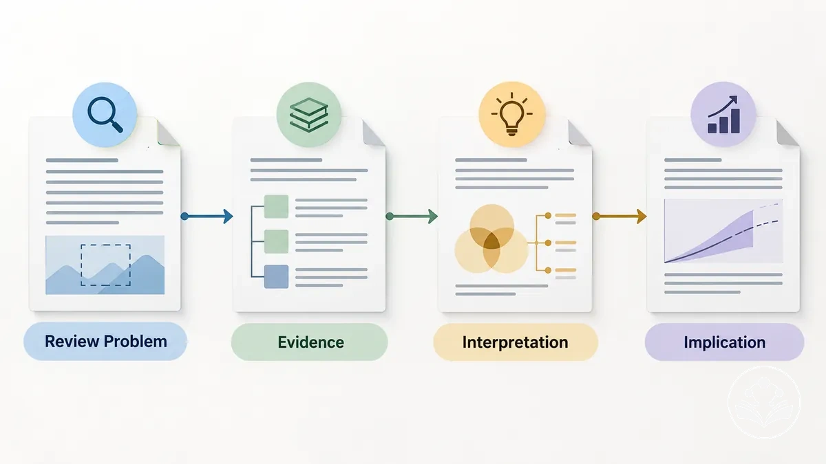 Diagram showing how review article sections pass evidence and interpretation through one argument