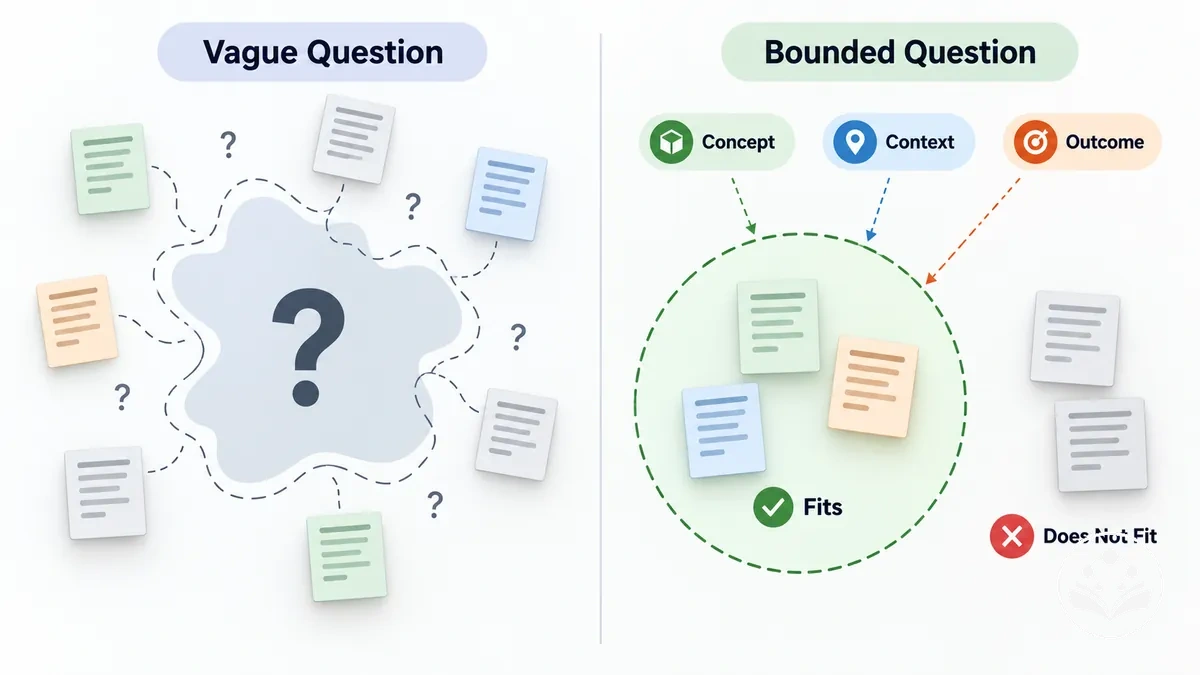 Vague and bounded review questions showing how question attributes affect evidence eligibility