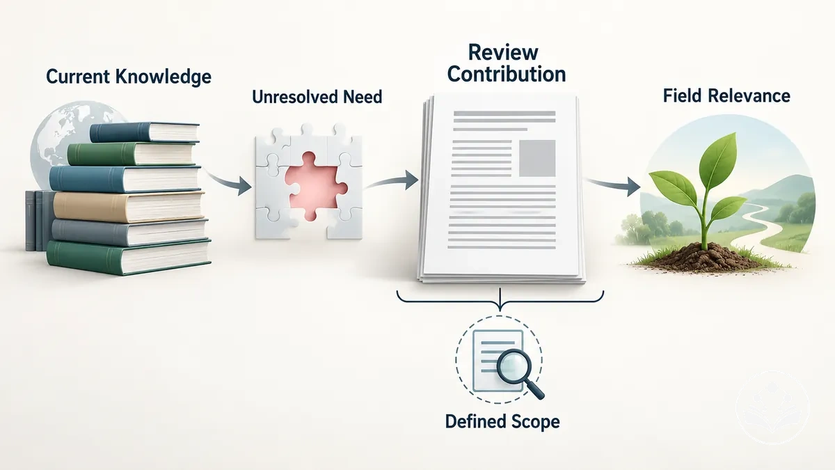 Illustration showing a review manuscript connecting an unresolved need in current knowledge with a bounded contribution to the field