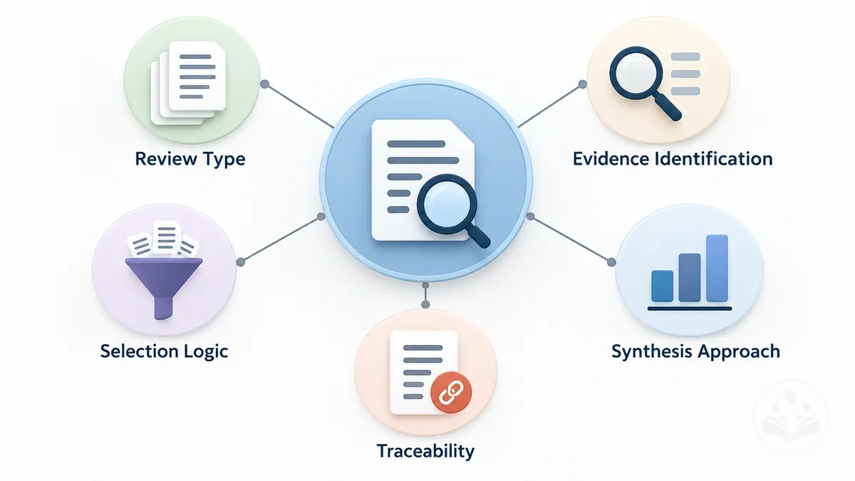 Diagram showing review type, evidence-identification method, selection logic, and synthesis approach connected to methodological traceability
