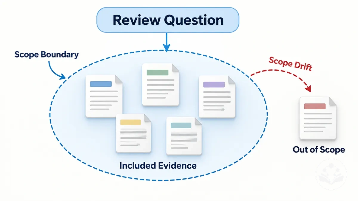 Diagram showing a review question defining scope boundaries around included evidence, with an out-of-scope example outside the boundary