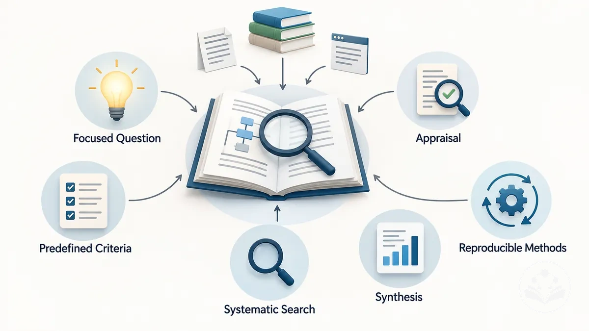 Systematic review evidence organized through predefined searching, appraisal, and synthesis
