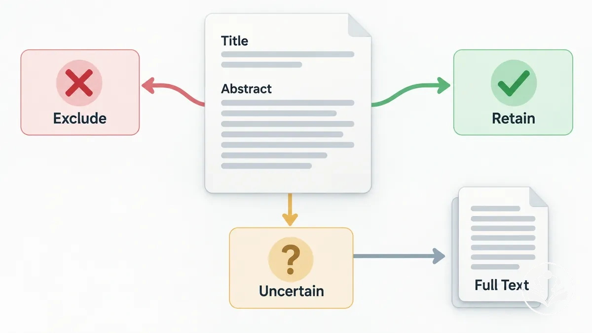 Title and abstract screening example showing exclude, retain, and uncertain study decisions
