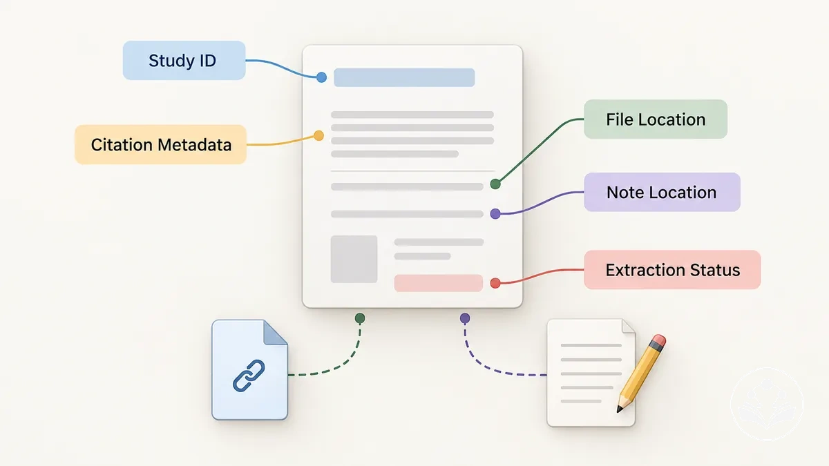 Registro de estudio anotado con identificador, metadatos de cita, ubicación de archivo, notas y estado de extracción.