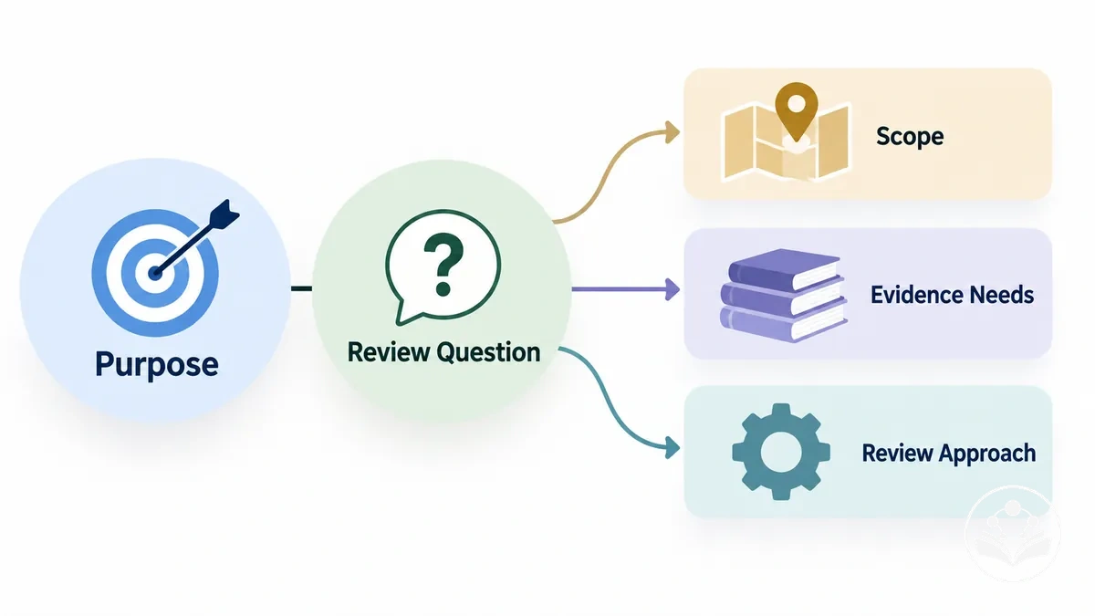 Diagrama que muestra cómo un propósito y una pregunta de revisión acotan el alcance, las necesidades de evidencia y el enfoque de revisión