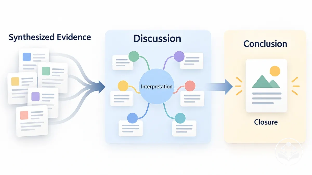 Diagramme montrant les fonctions distinctes de la discussion et de la conclusion dans un article de synthèse