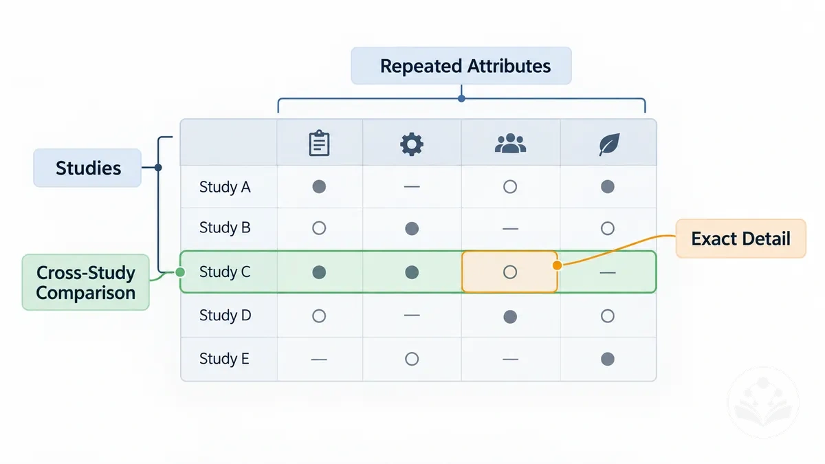 Exemple annoté d attributs d étude répétés alignés pour une comparaison entre études