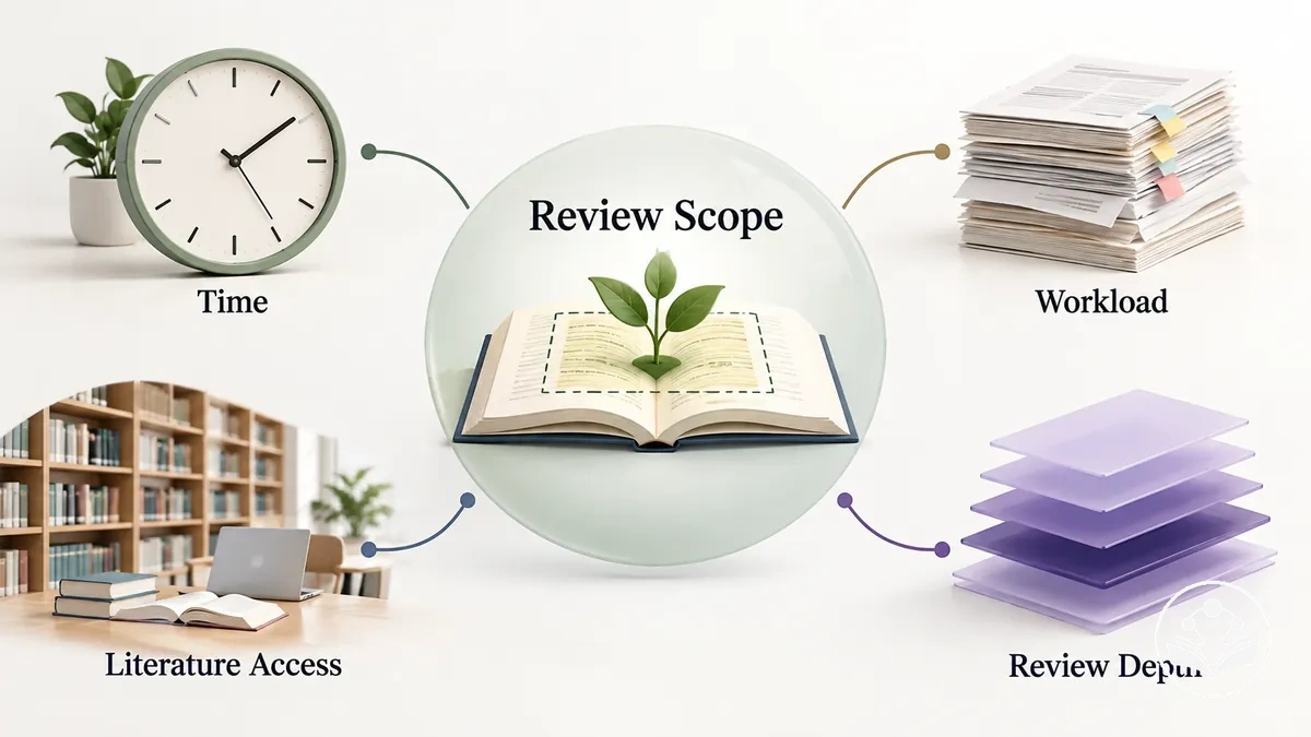Restrições práticas como tempo, carga de trabalho, acesso e profundidade da revisão moldando um escopo exequível de artigo de revisão.
