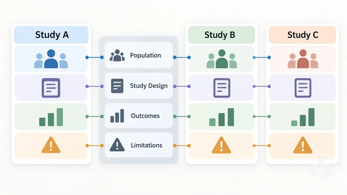 Dimensões de comparação compartilhadas aplicadas de forma consistente entre resultados de estudos, preservando diferenças significativas