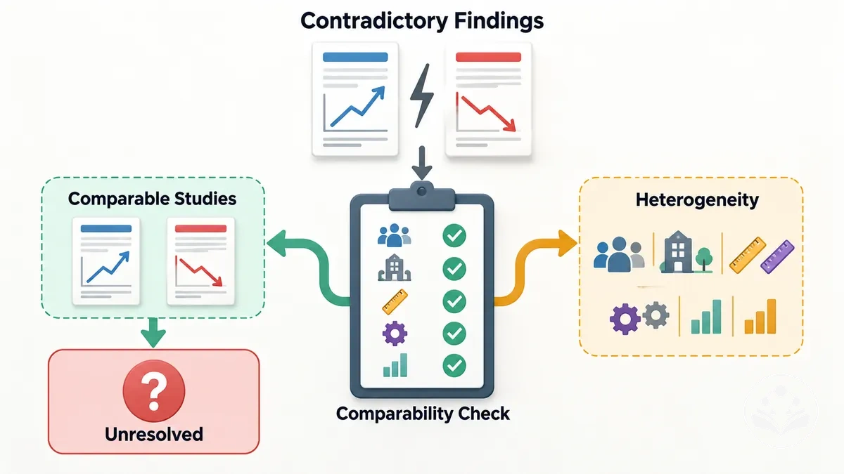 Çalışma karşılaştırılabilirliği yoluyla değerlendirilen çelişkili bulgular, çözülmemiş anlaşmazlığı açıklanabilir heterojenlikten ayırıyor